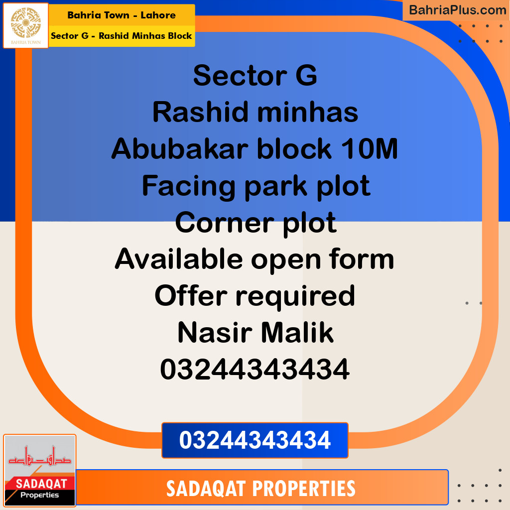 10 Marla Residential Plot for Sale in Sector G - Rashid Minhas Block -  Bahria Town, Lahore - (BP-298920)