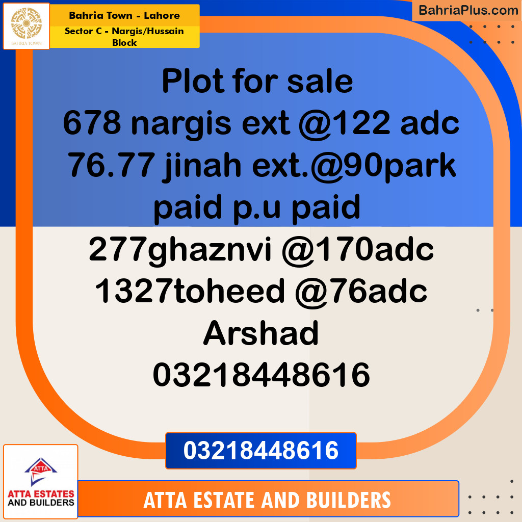 10 Marla Residential Plot for Sale in Sector C - Nargis/Hussain Block -  Bahria Town, Lahore - (BP-299223)