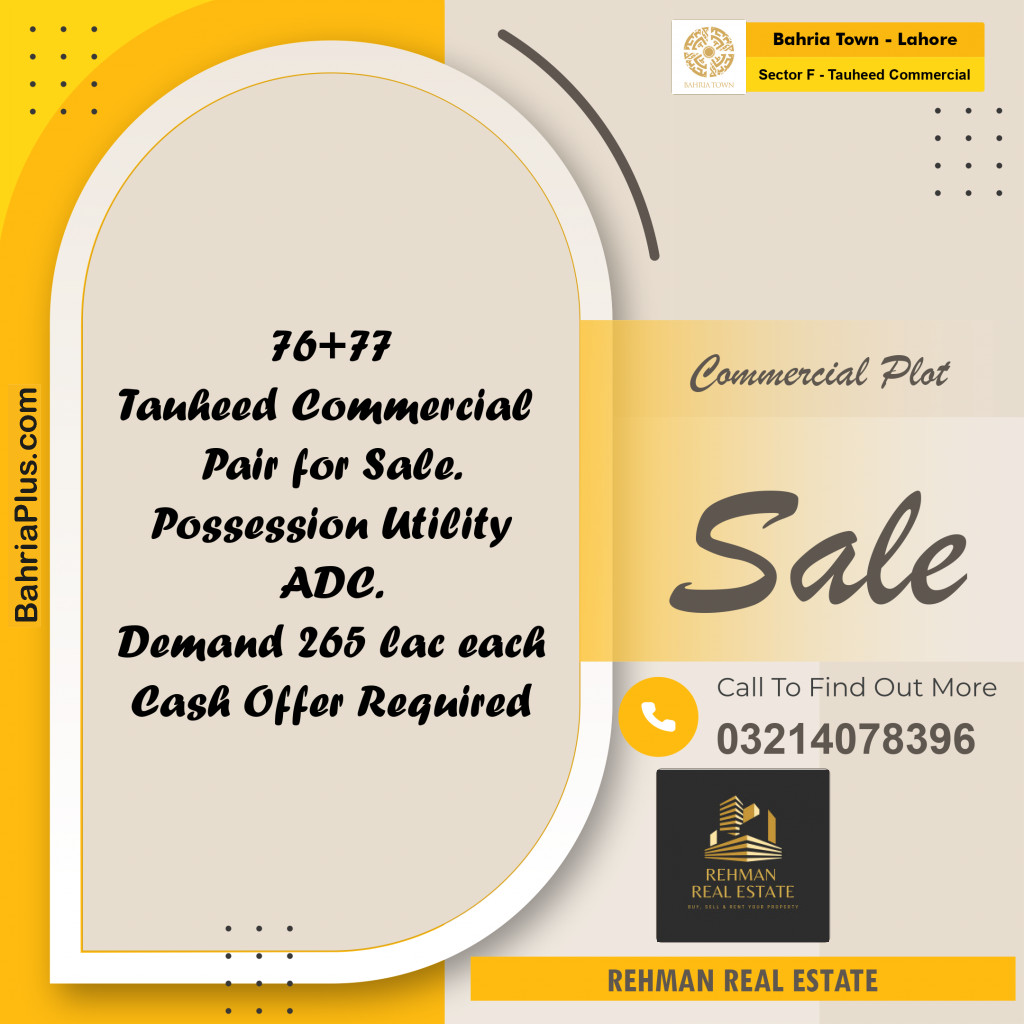 10 Marla Commercial Plot for Sale in Sector F - Tauheed Commercial -  Bahria Town, Lahore - (BP-299227)