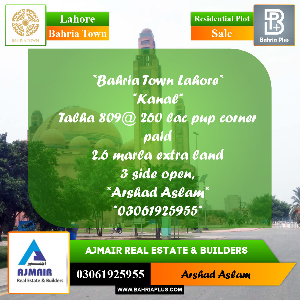 Residential Plot for Sale in Bahria Town, Lahore - (BP-299286)