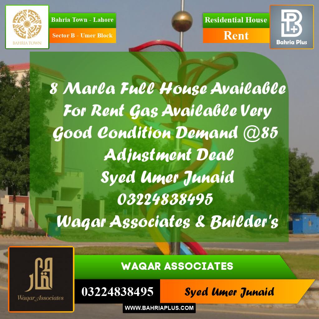 8 Marla Residential House for Rent in Sector B - Umer Block -  Bahria Town, Lahore - (BP-299342)