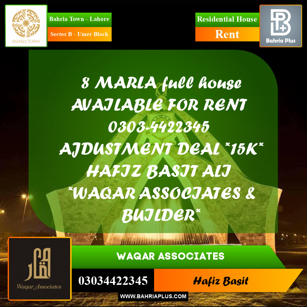 8 Marla Residential House for Rent in Sector B - Umer Block -  Bahria Town, Lahore - (BP-299345)