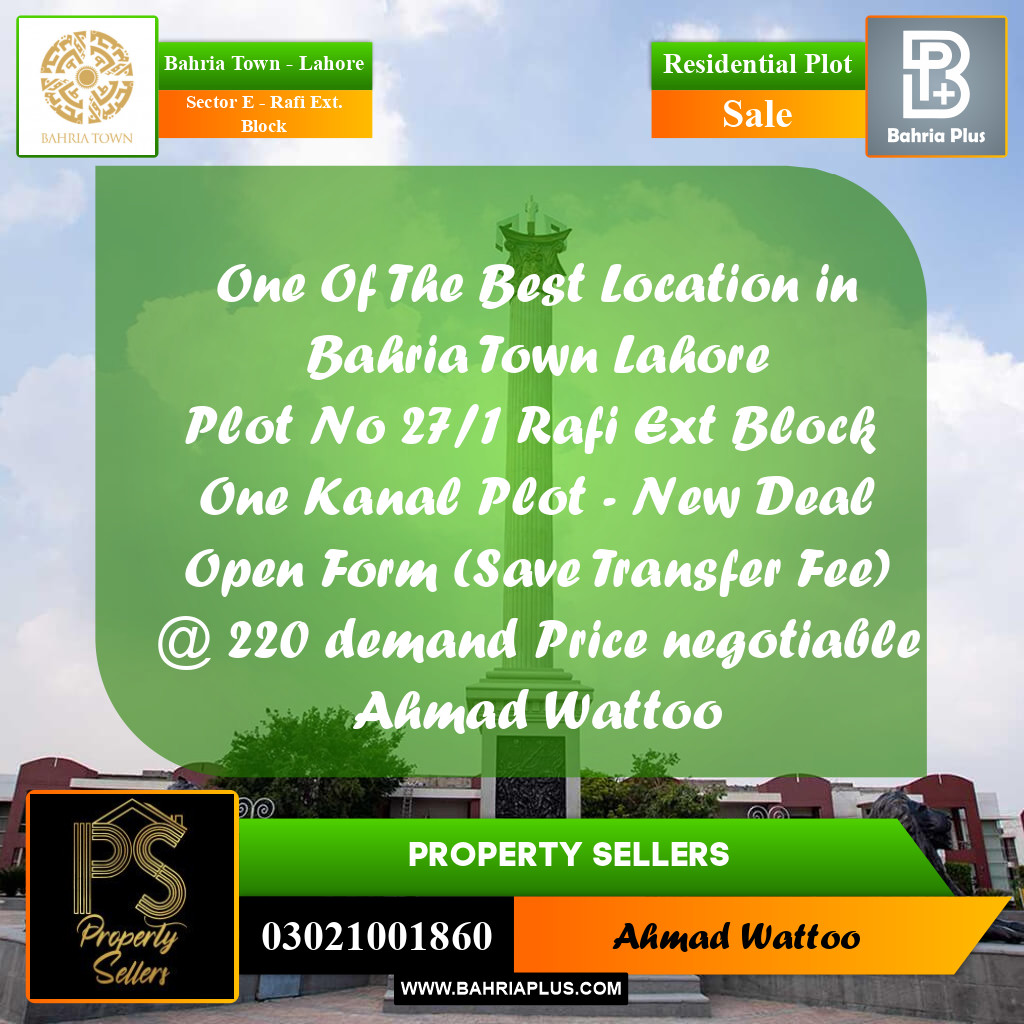 1 Kanal Residential Plot for Sale in Sector E - Rafi Ext. Block -  Bahria Town, Lahore - (BP-299348)