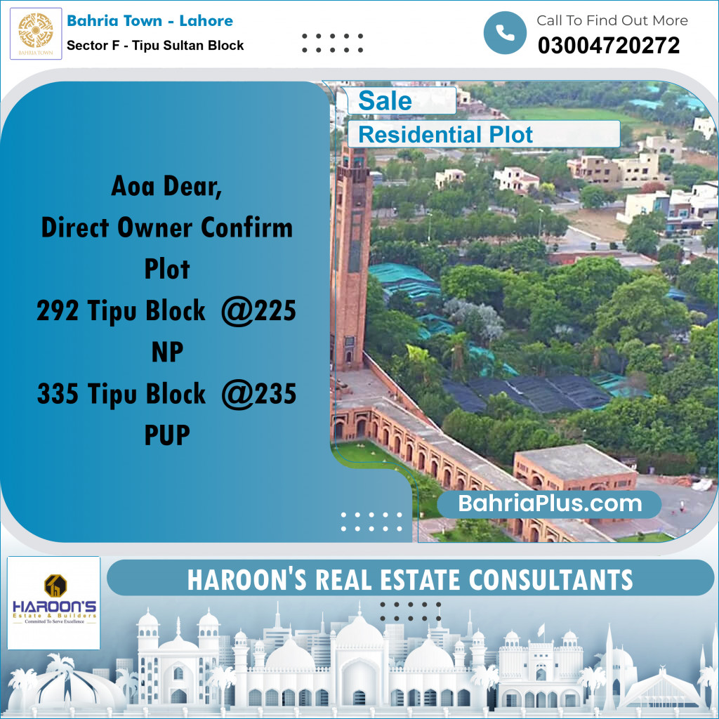 1 Kanal Residential Plot for Sale in Sector F - Tipu Sultan Block -  Bahria Town, Lahore - (BP-299424)