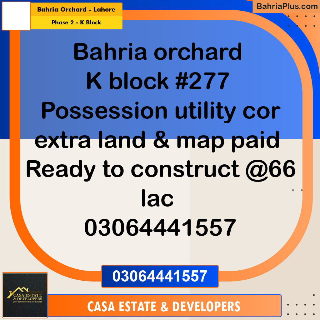 6 Marla Residential Plot for Sale in Phase 2 - K Block -  Bahria Orchard, Lahore - (BP-299474)