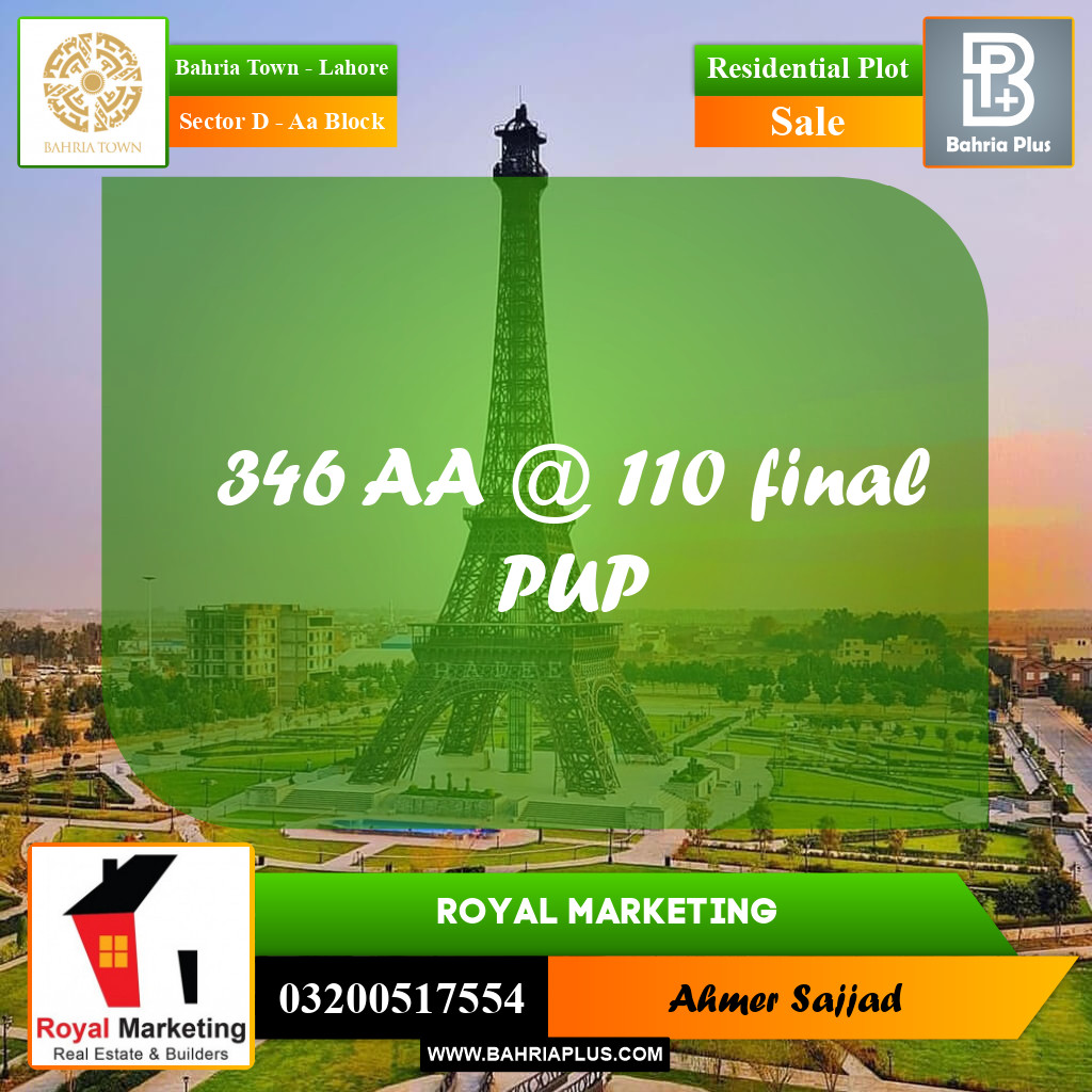 Residential Plot for Sale in Sector D - AA Block -  Bahria Town, Lahore - (BP-299573)