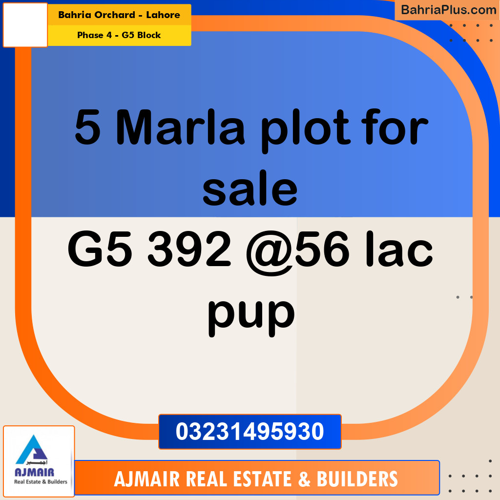 5 Marla Residential Plot for Sale in Phase 4 - G5 Block -  Bahria Orchard, Lahore - (BP-299748)