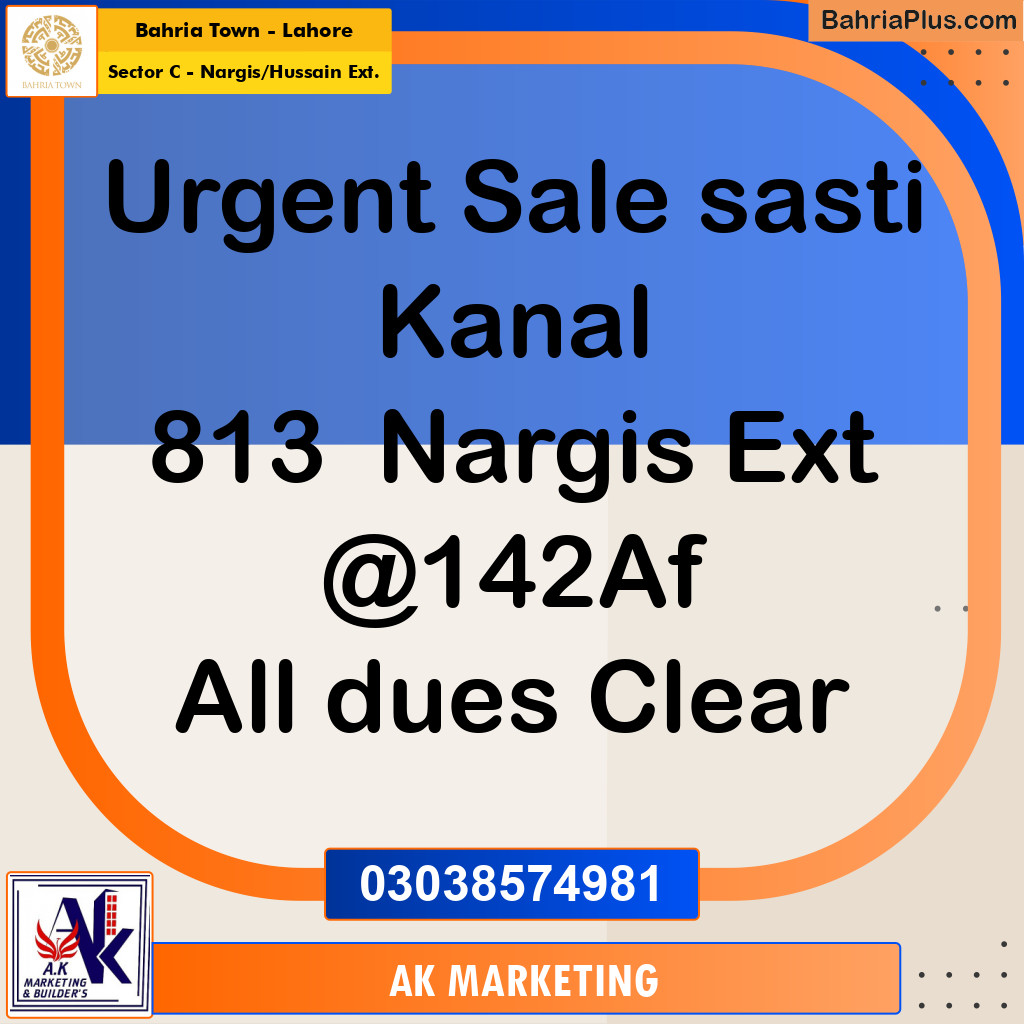 1 Kanal Residential Plot for Sale in Sector C - Nargis/Hussain Ext. -  Bahria Town, Lahore - (BP-299755)