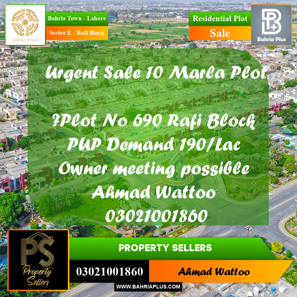 10 Marla Residential Plot for Sale in Sector E - Rafi Block -  Bahria Town, Lahore - (BP-299764)
