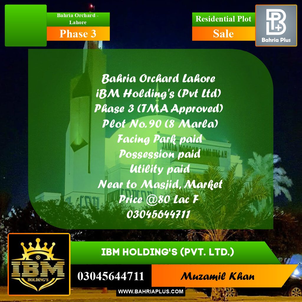 8 Marla Residential Plot for Sale in Phase 3 -  Bahria Orchard, Lahore - (BP-299784)