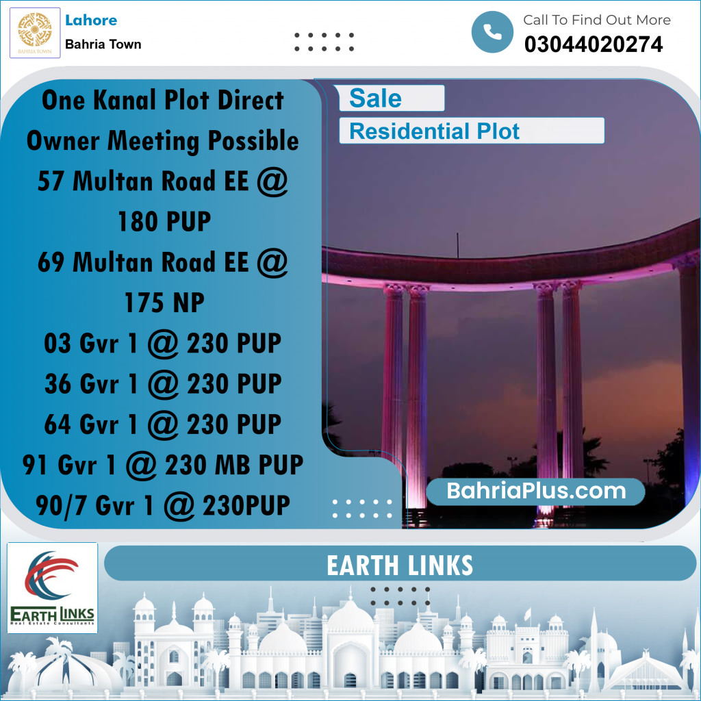 1 Kanal Residential Plot for Sale in Bahria Town, Lahore - (BP-299944)