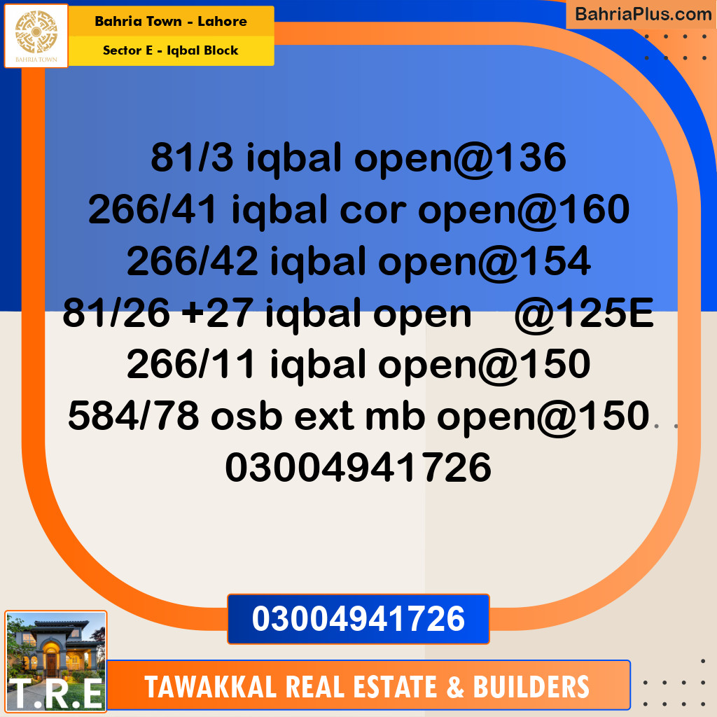 10 Marla Residential Plot for Sale in Sector E - Iqbal Block -  Bahria Town, Lahore - (BP-299975)