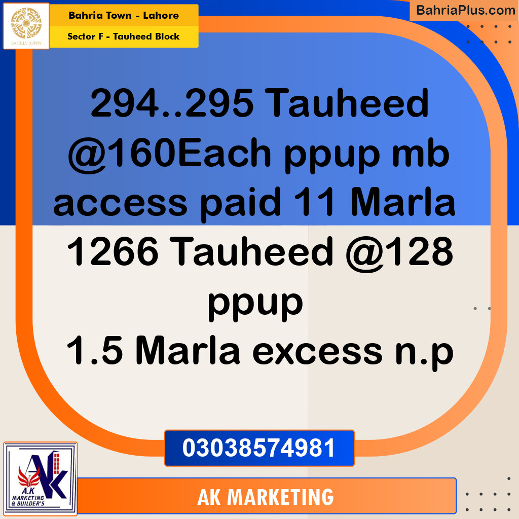 10 Marla Residential Plot for Sale in Sector F - Tauheed Block -  Bahria Town, Lahore - (BP-299988)