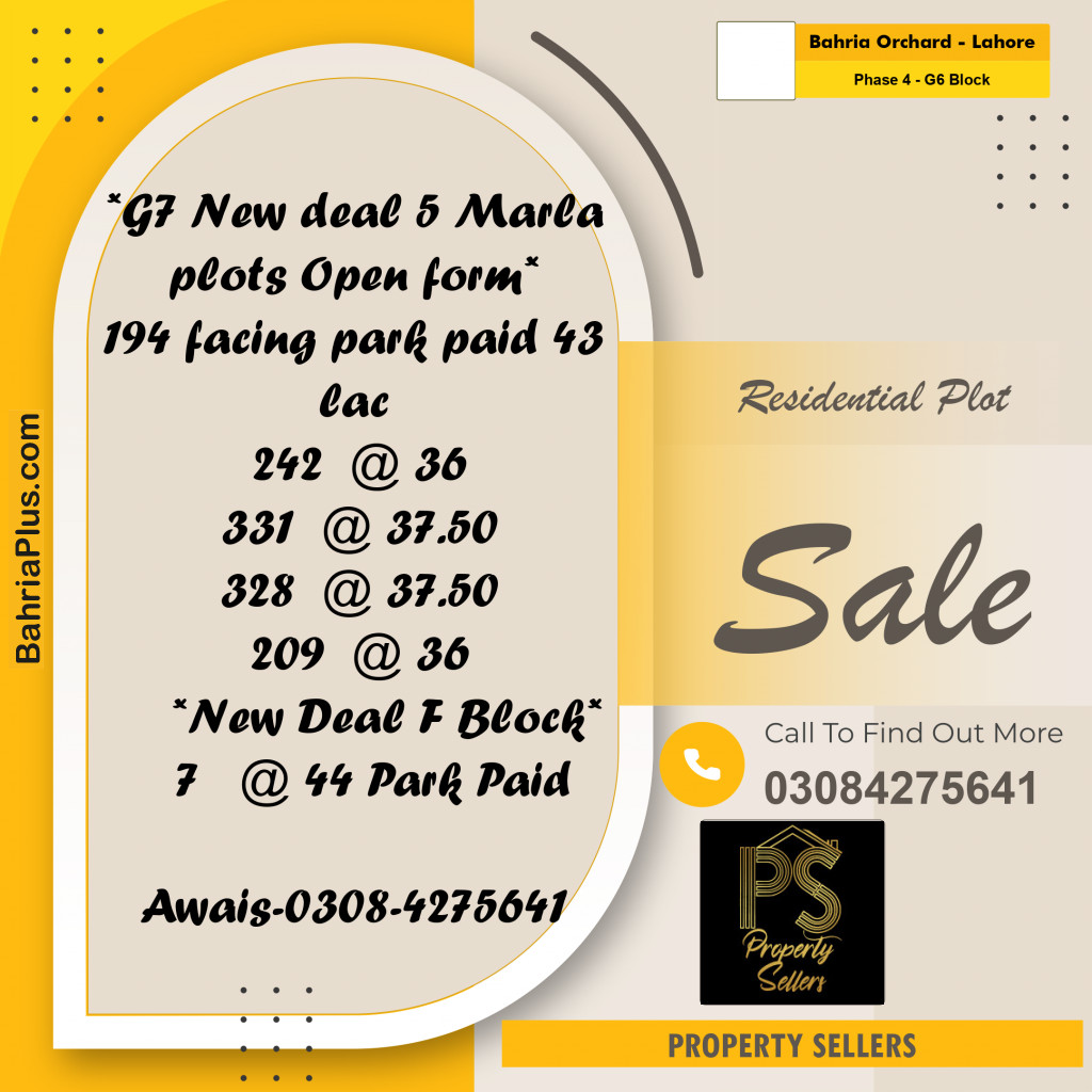 5 Marla Residential Plot for Sale in Phase 4 - G6 Block -  Bahria Orchard, Lahore - (BP-300285)