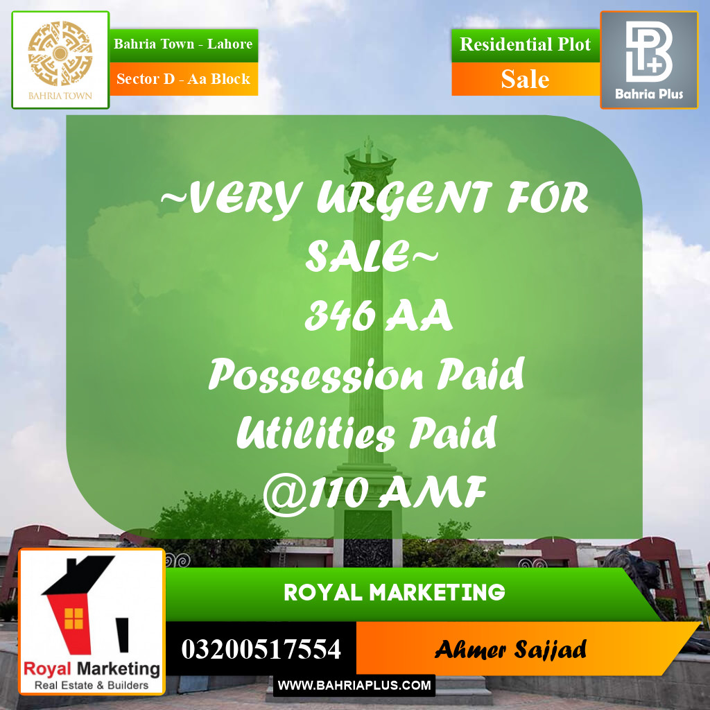 5 Marla Residential Plot for Sale in Sector D - AA Block -  Bahria Town, Lahore - (BP-300529)