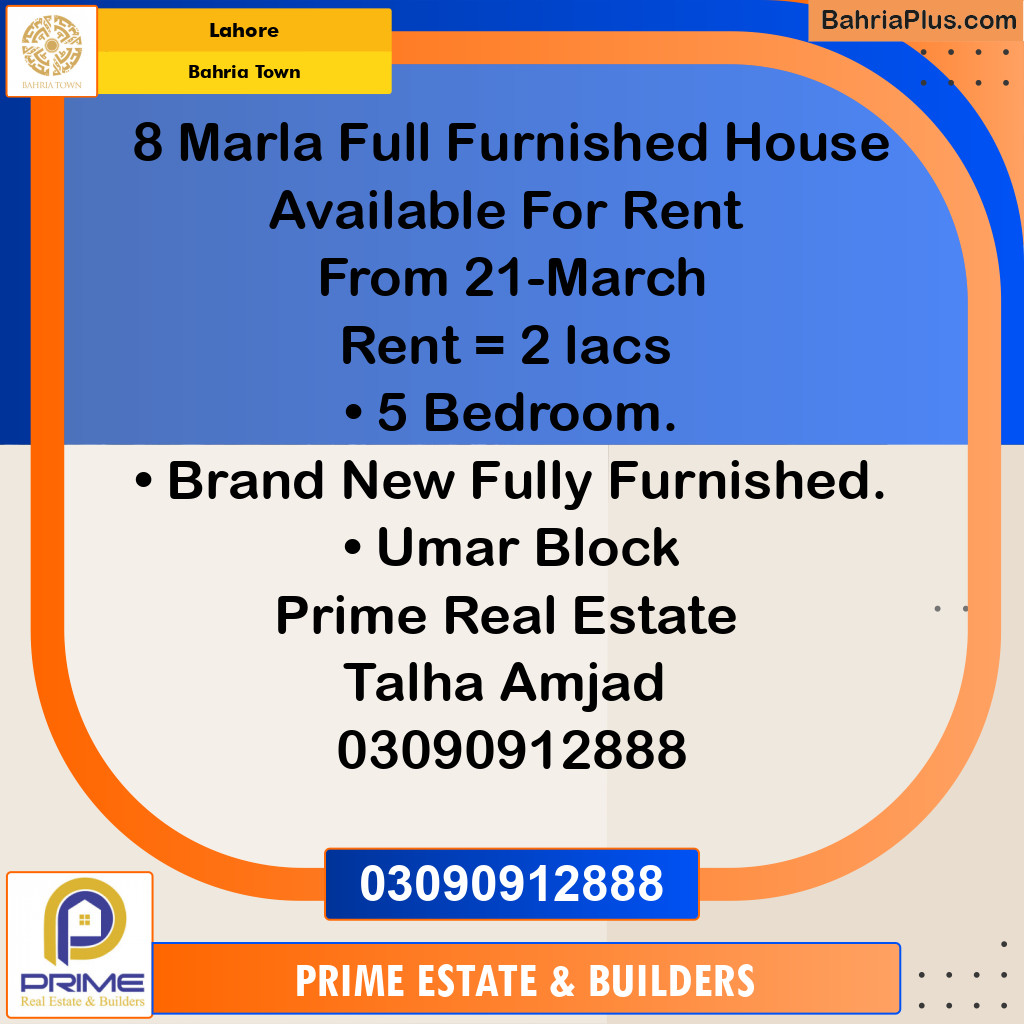 8 Marla Residential House for Rent in Bahria Town, Lahore - (BP-300650)
