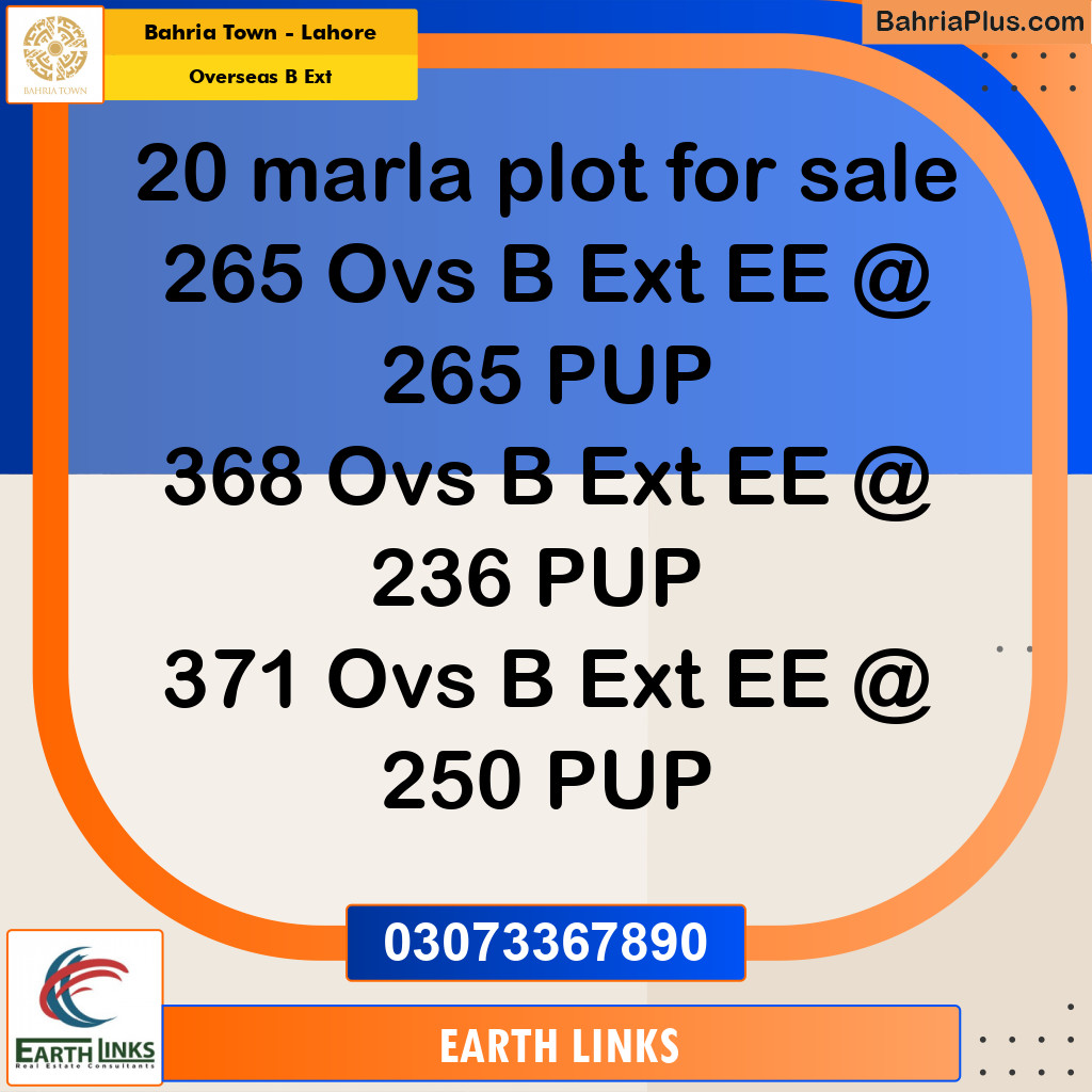 20 Marla Residential Plot for Sale in Overseas B Ext -  Bahria Town, Lahore - (BP-300913)