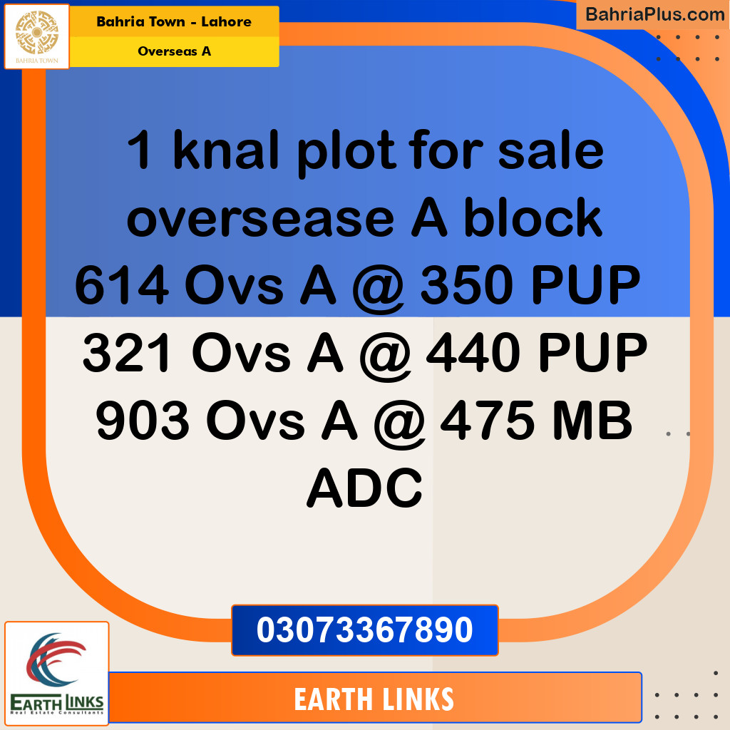 1 Kanal Residential Plot for Sale in Overseas A -  Bahria Town, Lahore - (BP-300916)