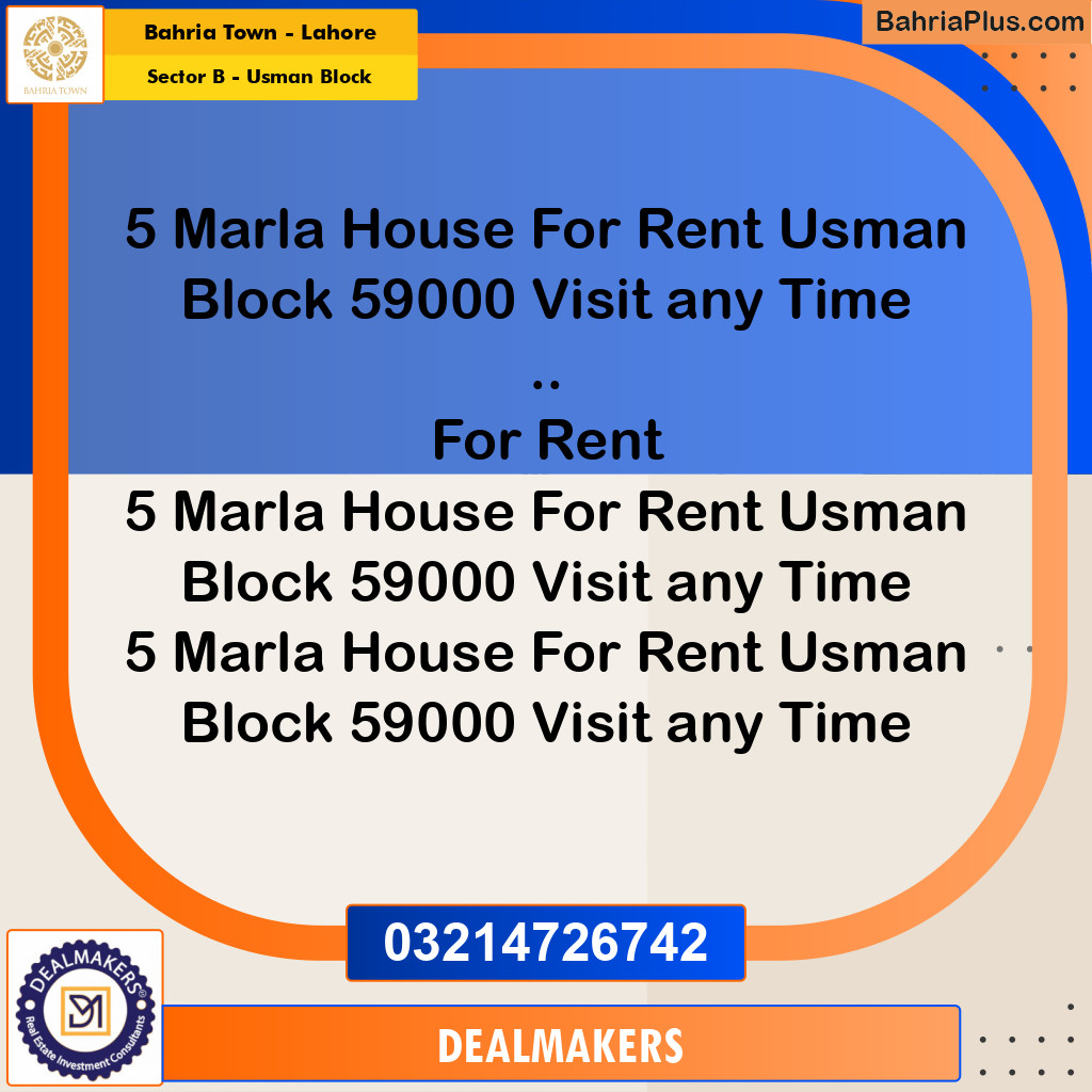 5 Marla Residential House for Rent in Sector B - Usman Block -  Bahria Town, Lahore - (BP-300927)