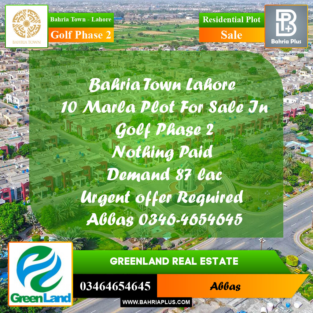 10 Marla Residential Plot for Sale in Golf Phase 2 -  Bahria Town, Lahore - (BP-300932)