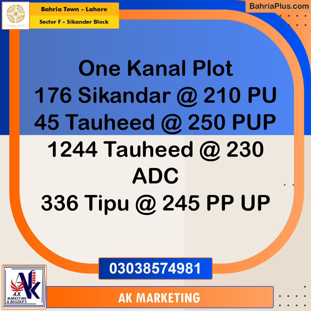 1 Kanal Residential Plot for Sale in Sector F - Sikander Block -  Bahria Town, Lahore - (BP-301158)