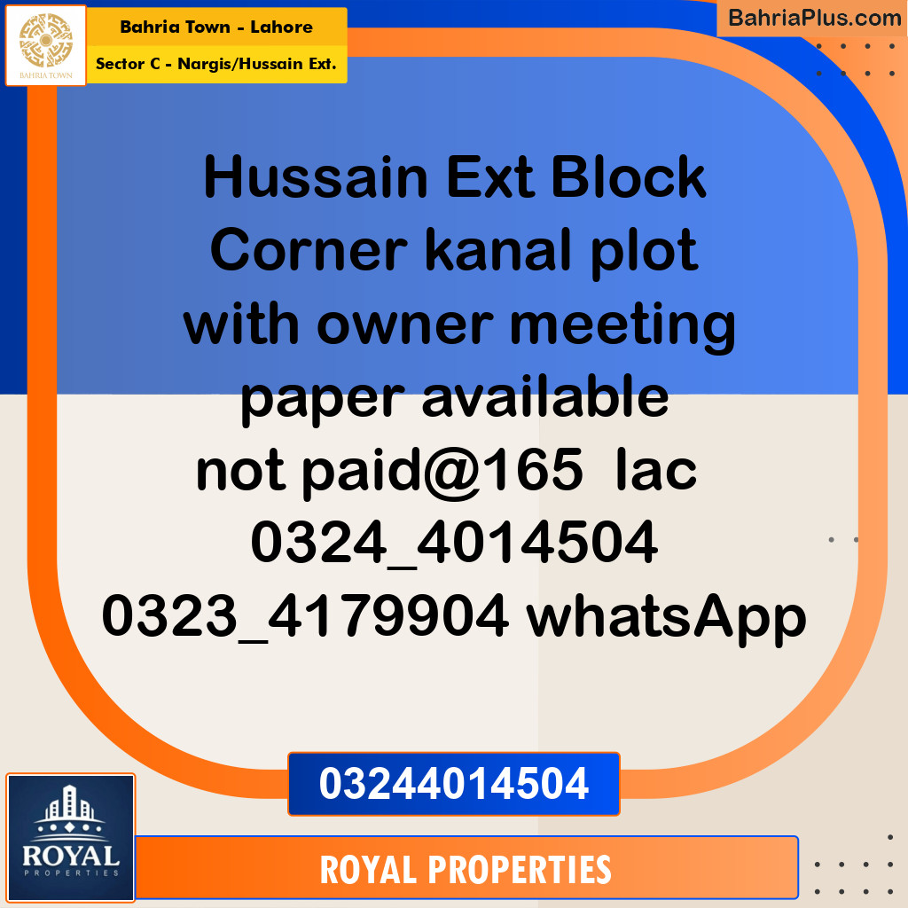 Residential Plot for Sale in Sector C - Nargis/Hussain Ext. -  Bahria Town, Lahore - (BP-301608)