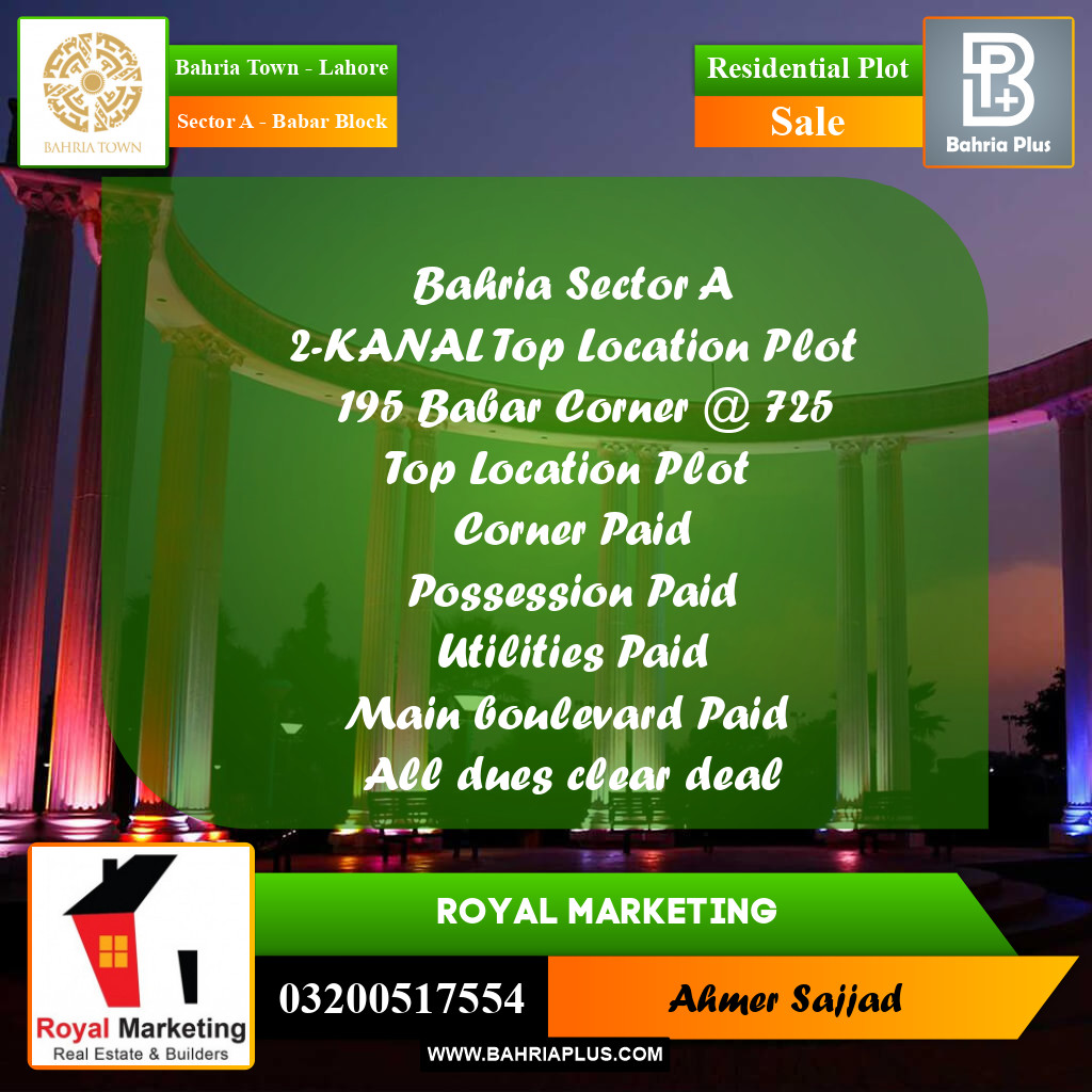 2 Kanal Residential Plot for Sale in Sector A - Babar Block -  Bahria Town, Lahore - (BP-301639)