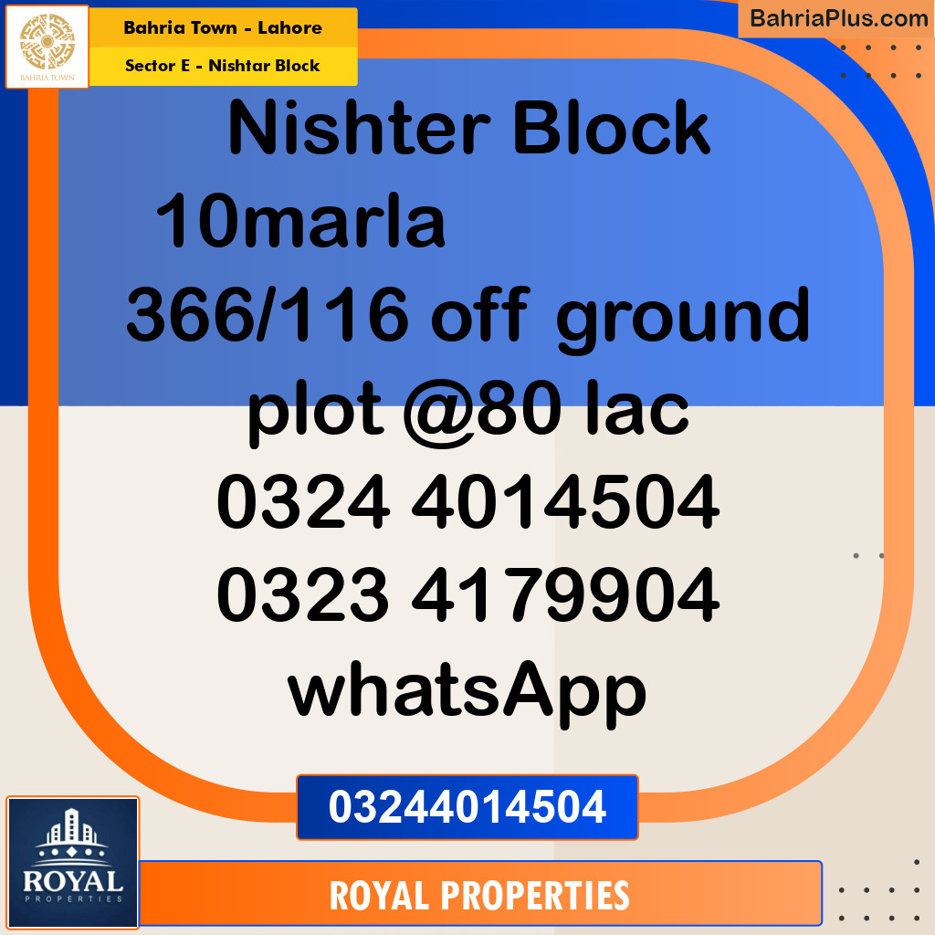 Residential Plot for Sale in Sector E - Nishtar Block -  Bahria Town, Lahore - (BP-301646)