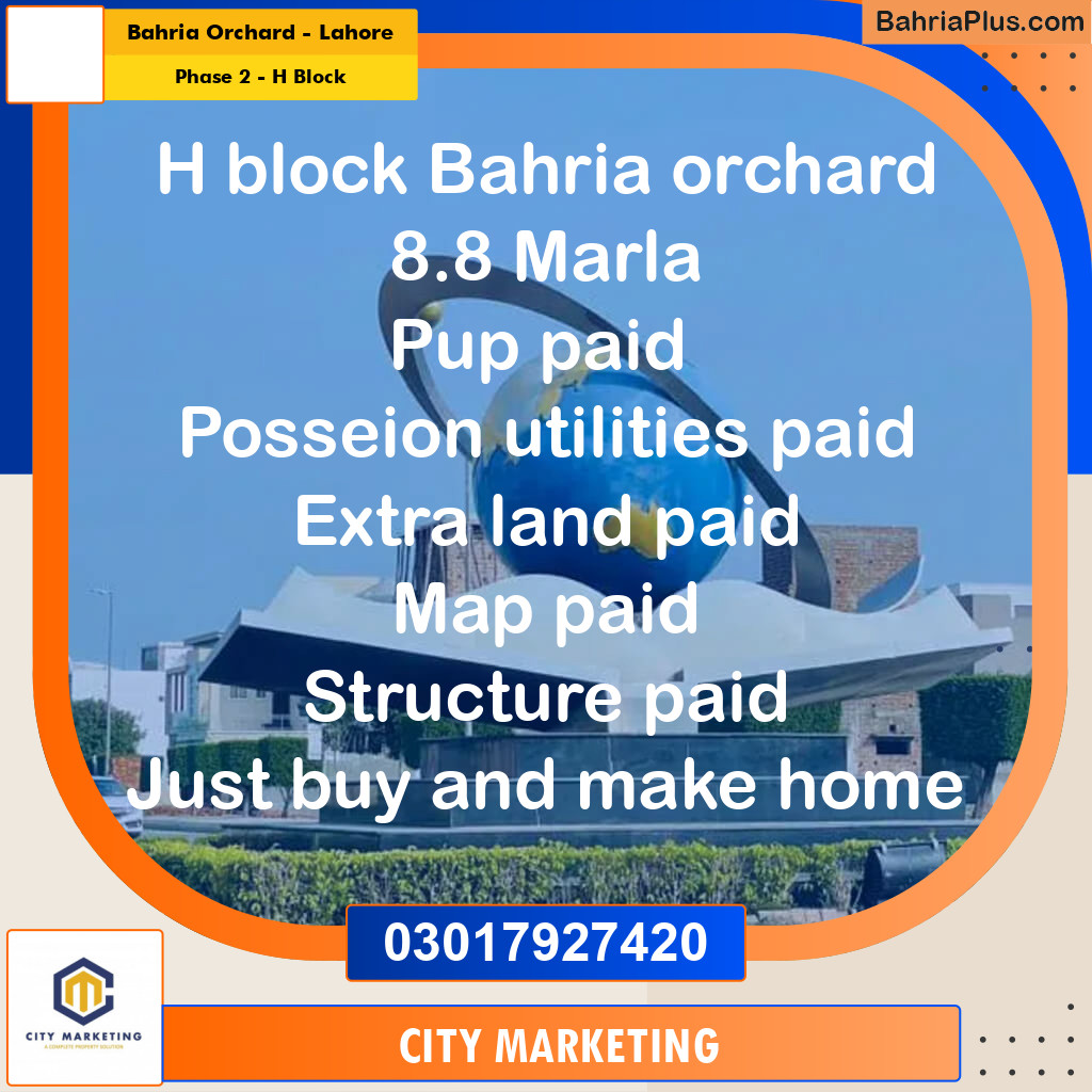 8.8 Marla Residential Plot for Sale in Phase 2 - H Block -  Bahria Orchard, Lahore - (BP-301677)