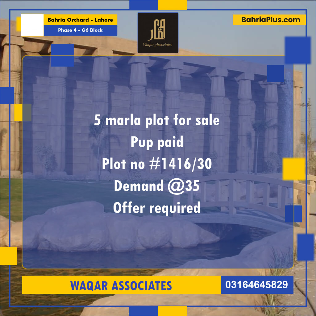 5 Marla Residential Plot for Sale in Phase 4 - G6 Block -  Bahria Orchard, Lahore - (BP-301686)