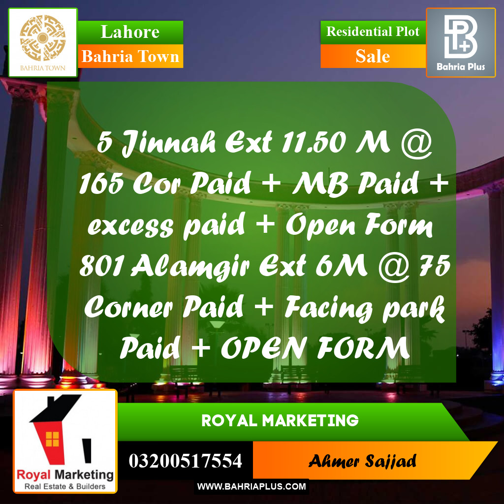 Residential Plot for Sale in Bahria Town, Lahore - (BP-301850)