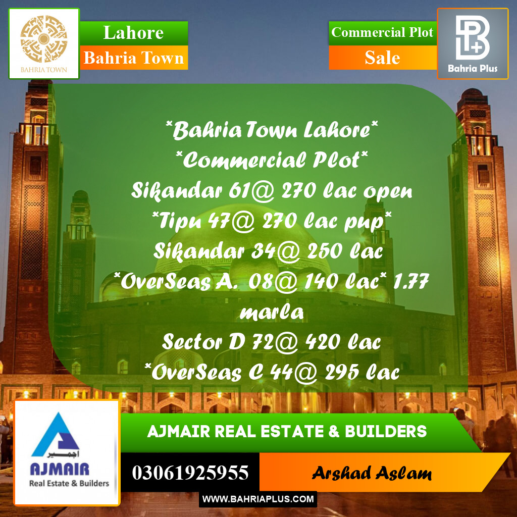 Commercial Plot for Sale in Bahria Town, Lahore - (BP-301918)