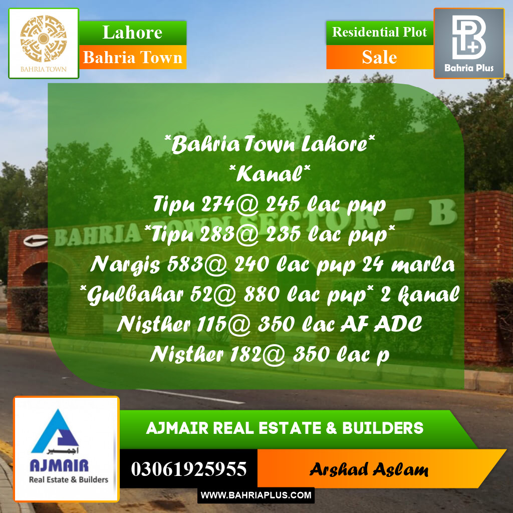 1 Kanal Residential Plot for Sale in Bahria Town, Lahore - (BP-301919)