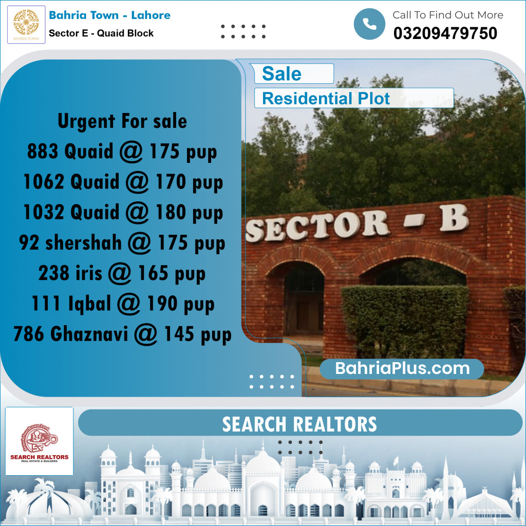 10 Marla Residential Plot for Sale in Sector E - Quaid Block -  Bahria Town, Lahore - (BP-302032)