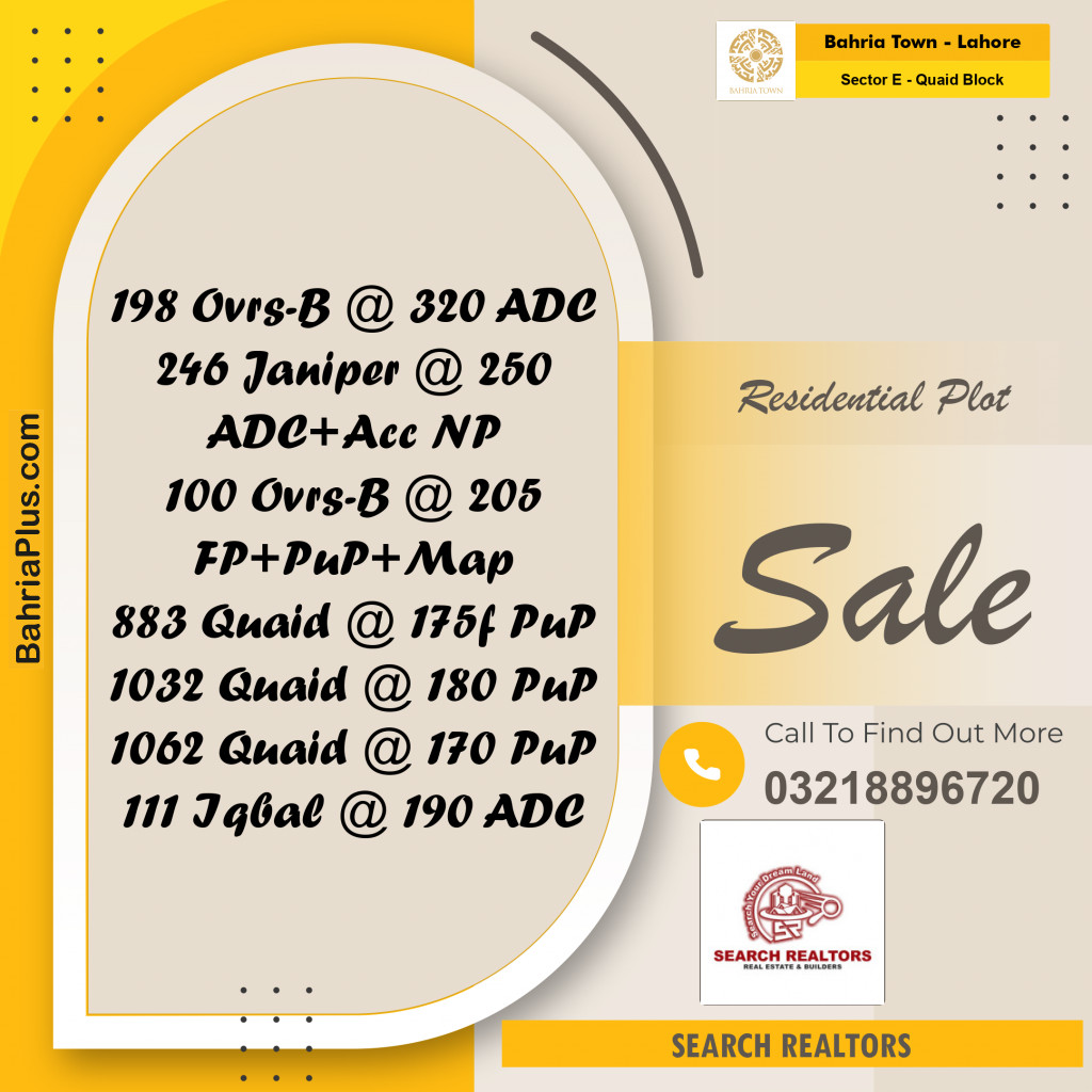10 Marla Residential Plot for Sale in Sector E - Quaid Block -  Bahria Town, Lahore - (BP-302037)