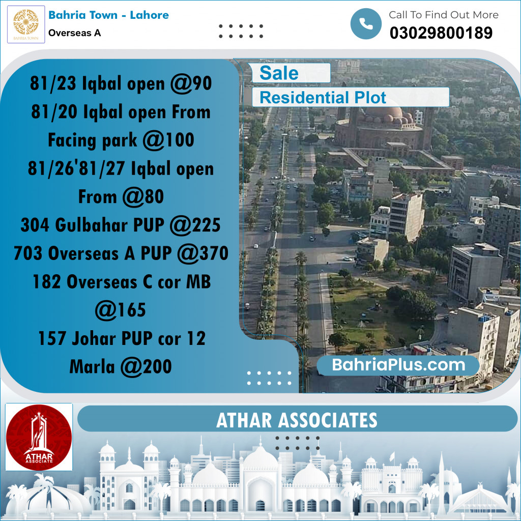 20 Marla Residential Plot for Sale in Overseas A -  Bahria Town, Lahore - (BP-302154)