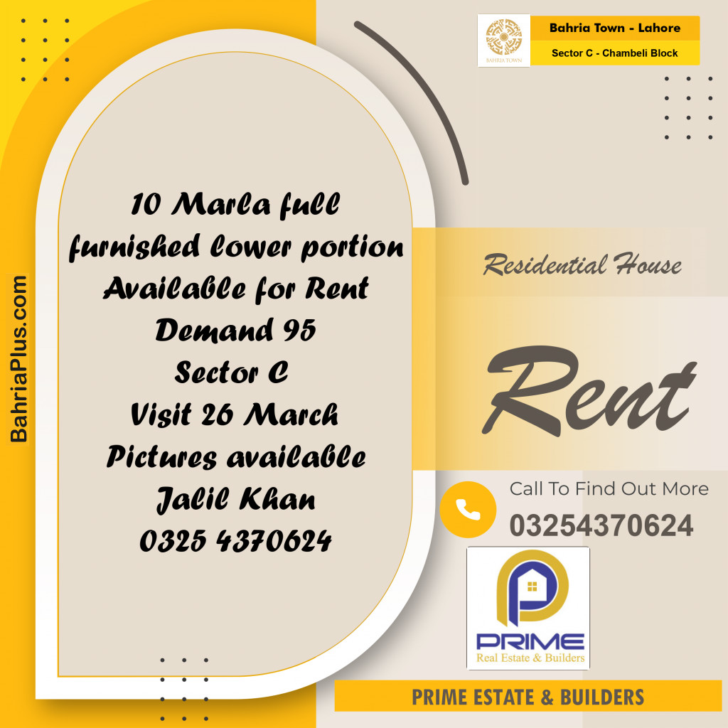 10 Marla Residential House for Rent in Sector C - Chambeli Block -  Bahria Town, Lahore - (BP-302188)