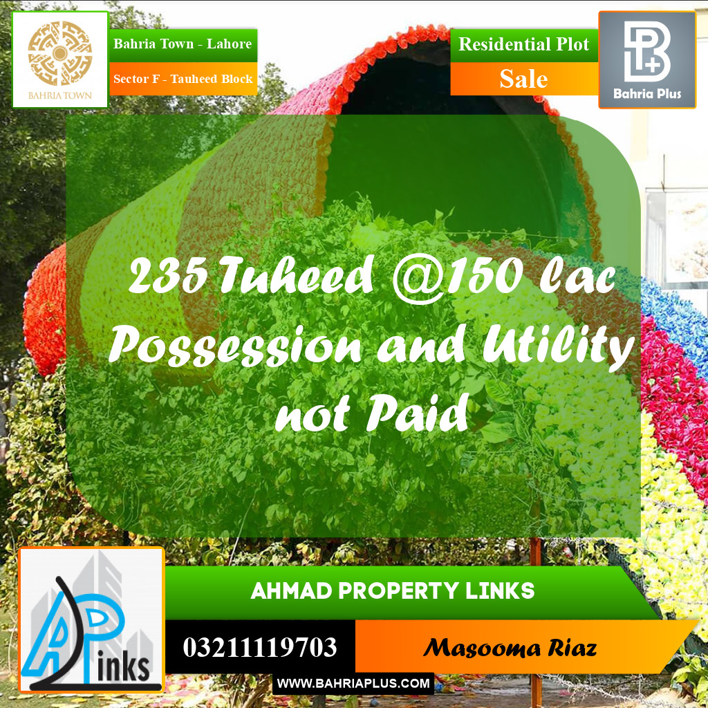 10 Marla Residential Plot for Sale in Sector F - Tauheed Block -  Bahria Town, Lahore - (BP-302228)