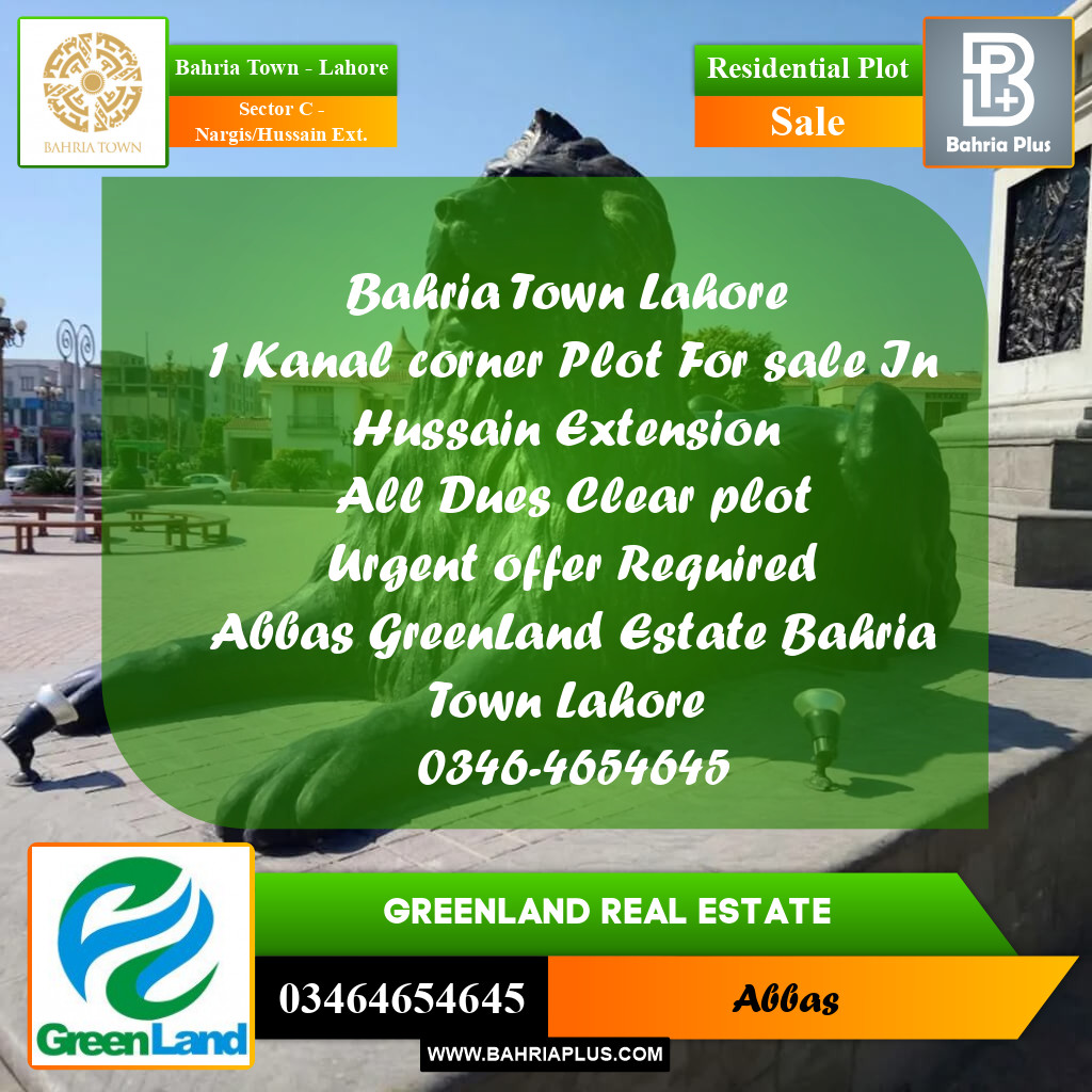 1 Kanal Residential Plot for Sale in Sector C - Nargis/Hussain Ext. -  Bahria Town, Lahore - (BP-302240)