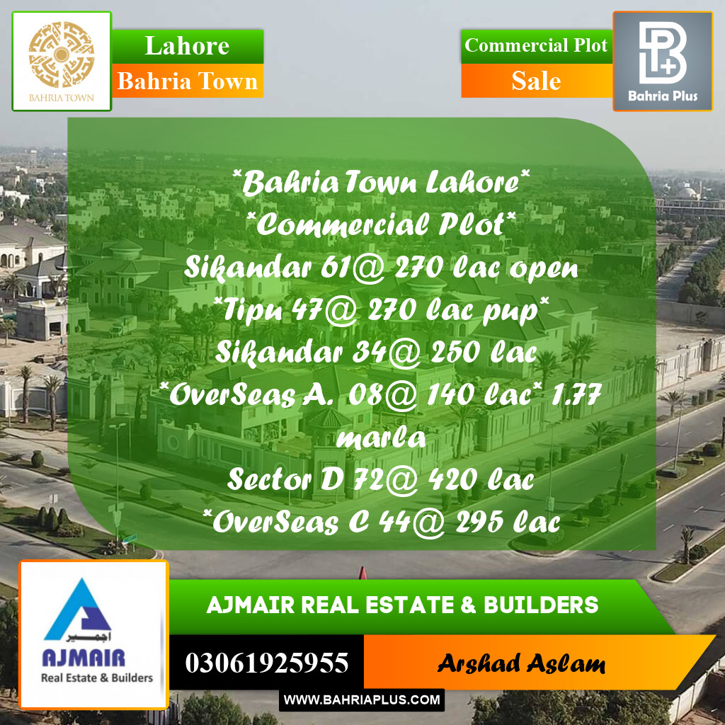 Commercial Plot for Sale in Bahria Town, Lahore - (BP-302412)