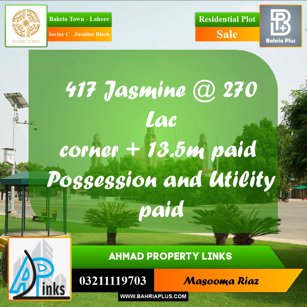 13.5 Marla Residential Plot for Sale in Sector C - Jasmine Block -  Bahria Town, Lahore - (BP-302531)