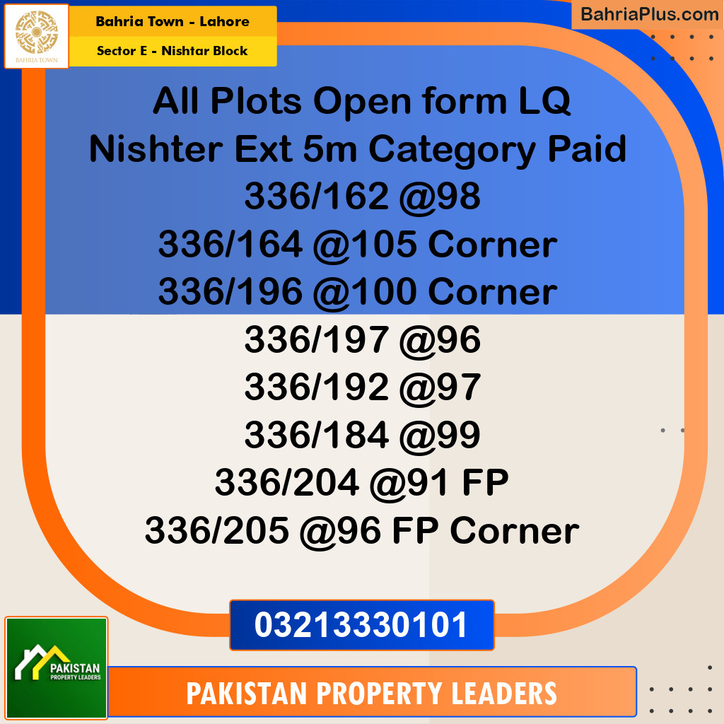5 Marla Residential Plot for Sale in Sector E - Nishtar Block -  Bahria Town, Lahore - (BP-302605)