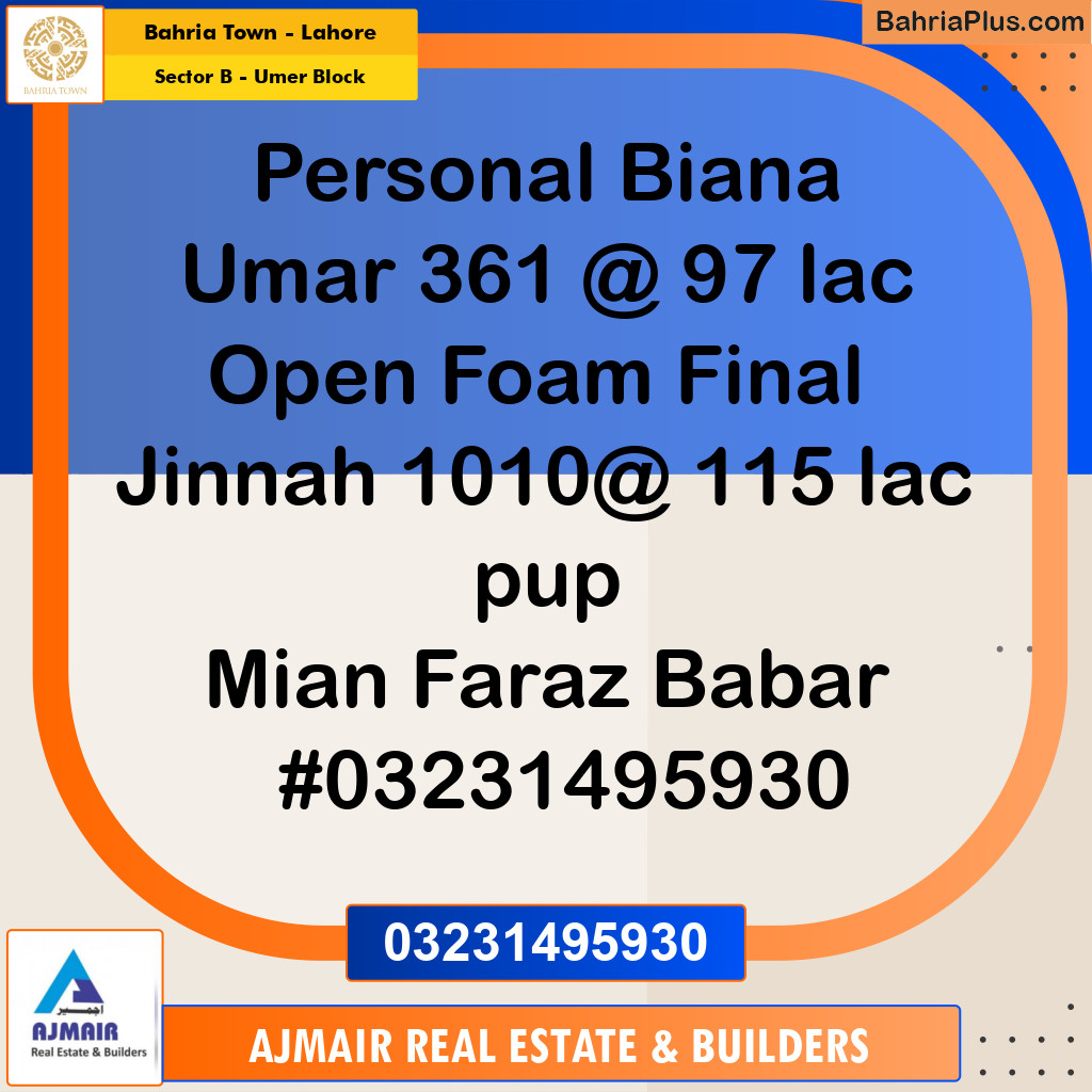 5 Marla Residential Plot for Sale in Sector B - Umer Block -  Bahria Town, Lahore - (BP-302730)