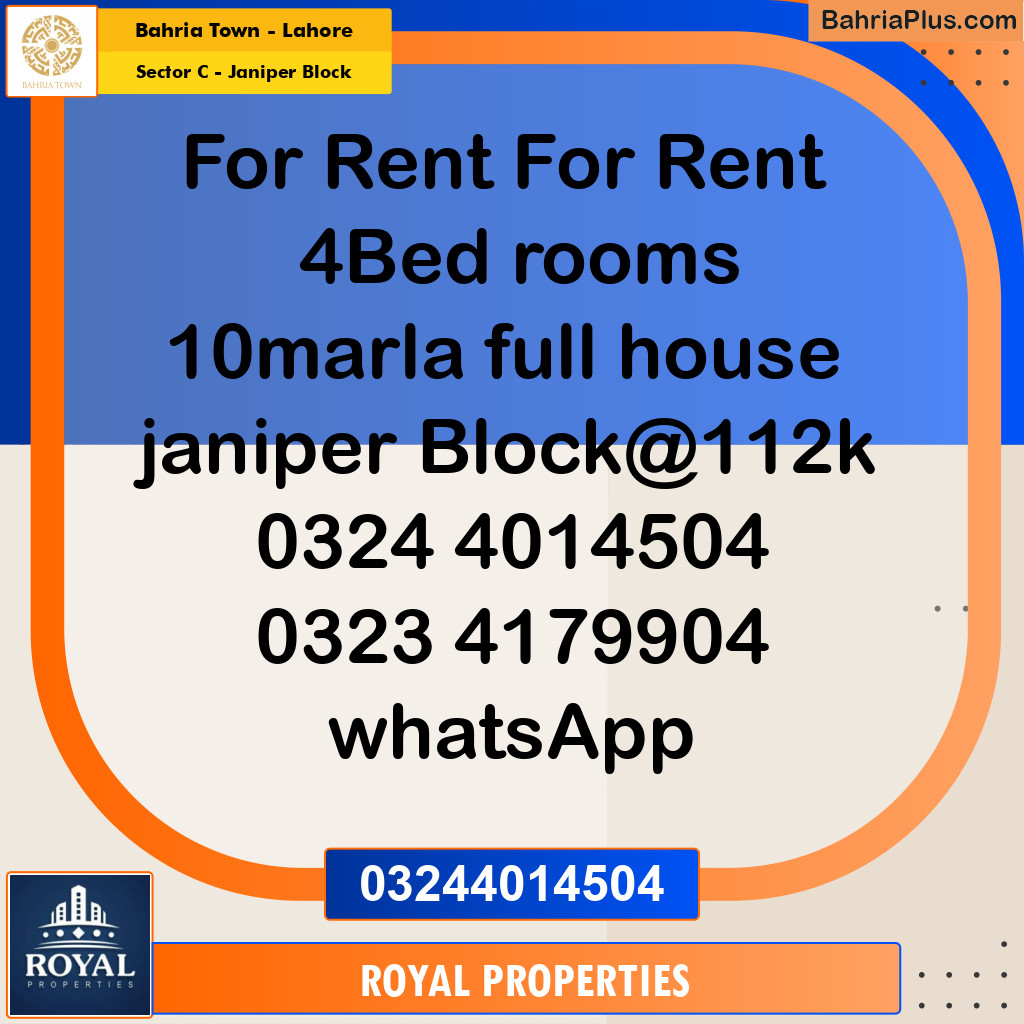 Residential House for Rent in Sector C - Janiper Block -  Bahria Town, Lahore - (BP-302871)