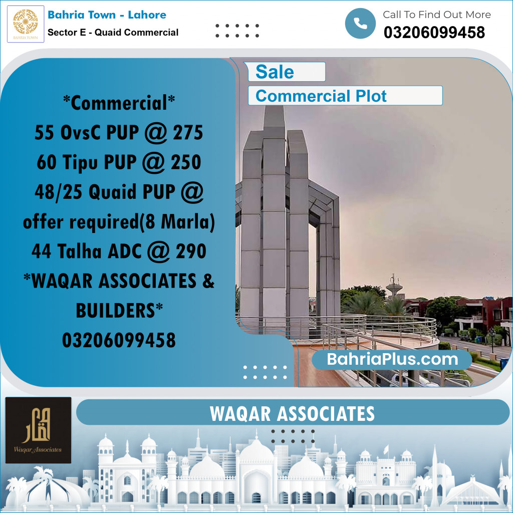 8 Marla Commercial Plot for Sale in Sector E - Quaid Commercial -  Bahria Town, Lahore - (BP-302978)