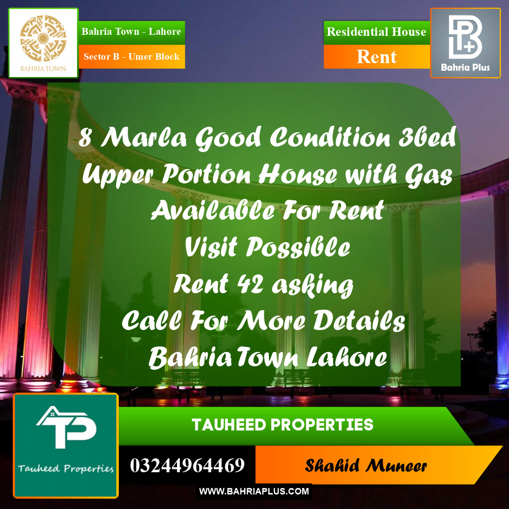8 Marla Residential House for Rent in Sector B - Umer Block -  Bahria Town, Lahore - (BP-303097)