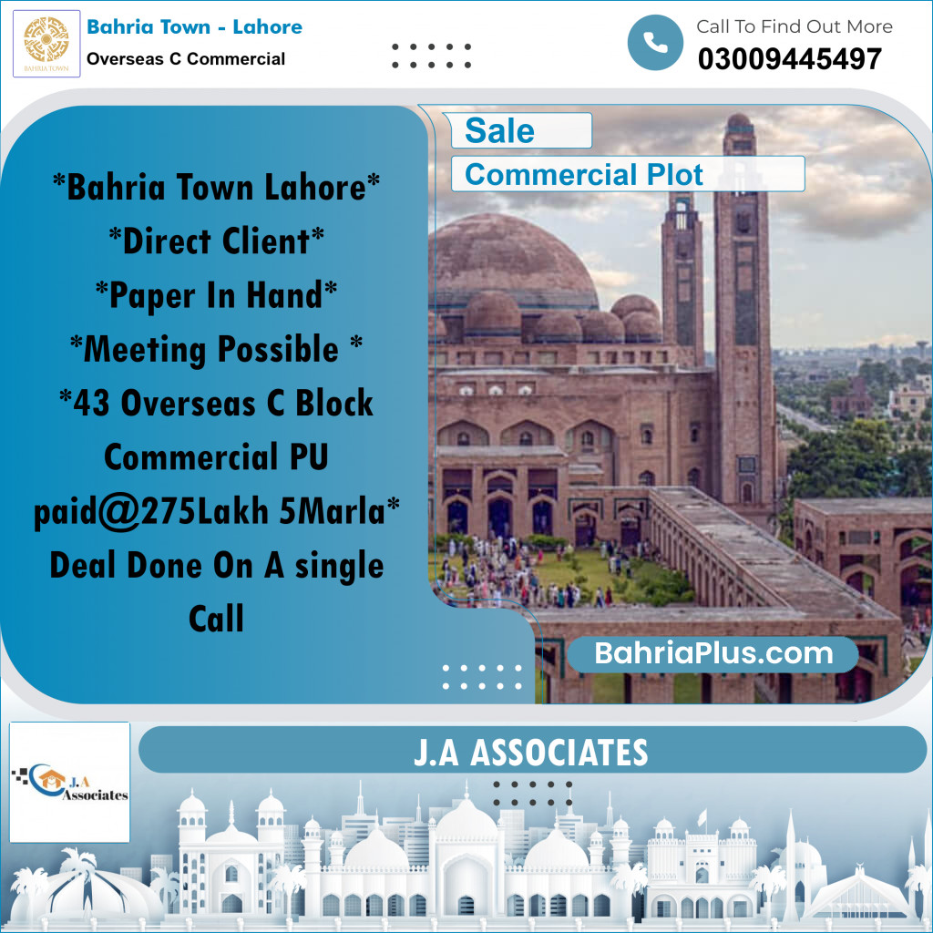 5 Marla Commercial Plot for Sale in Overseas C Commercial -  Bahria Town, Lahore - (BP-303225)