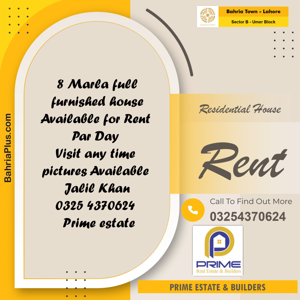 8 Marla Residential House for Rent in Sector B - Umer Block -  Bahria Town, Lahore - (BP-303247)