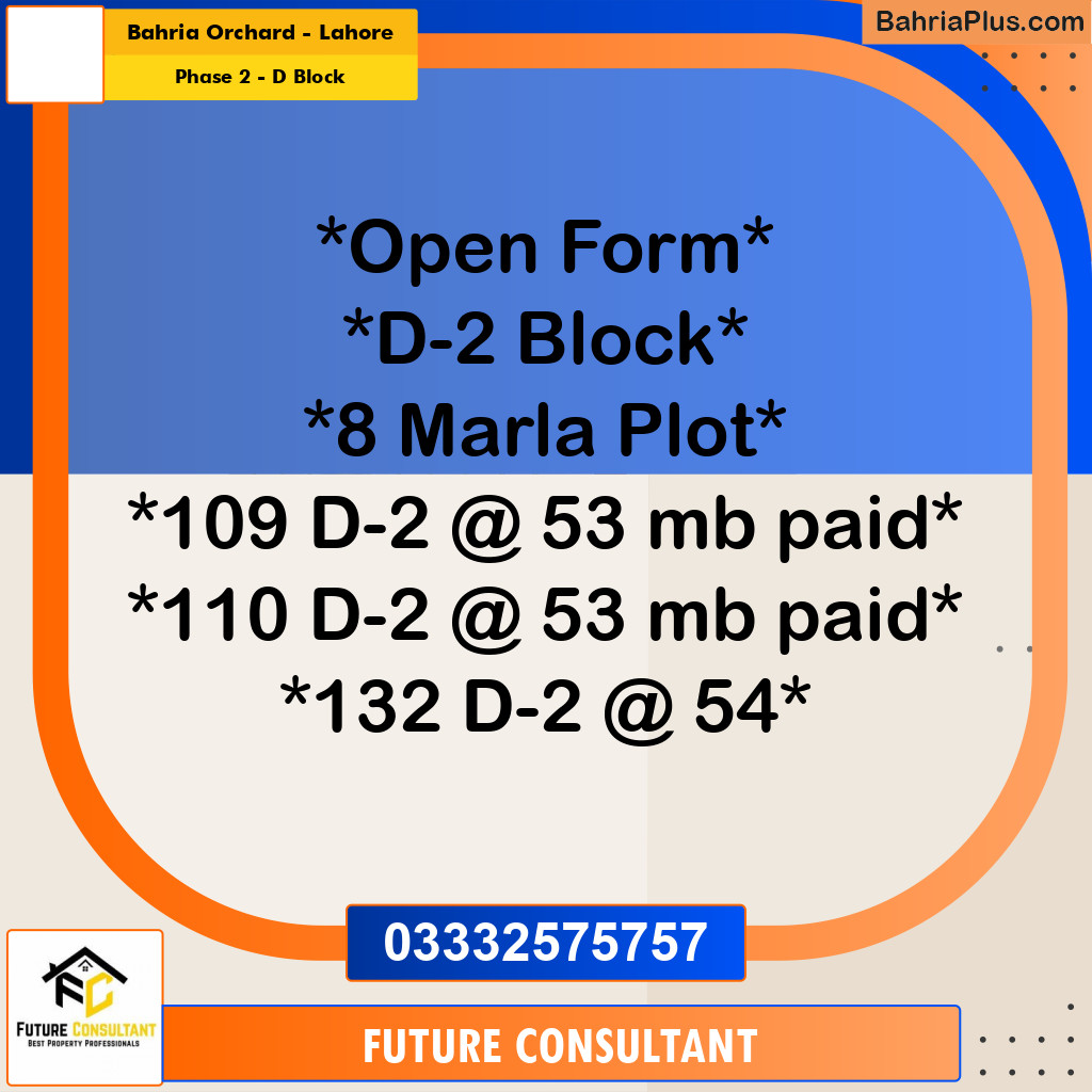 8 Marla Residential Plot for Sale in Phase 2 - D Block -  Bahria Orchard, Lahore - (BP-303264)