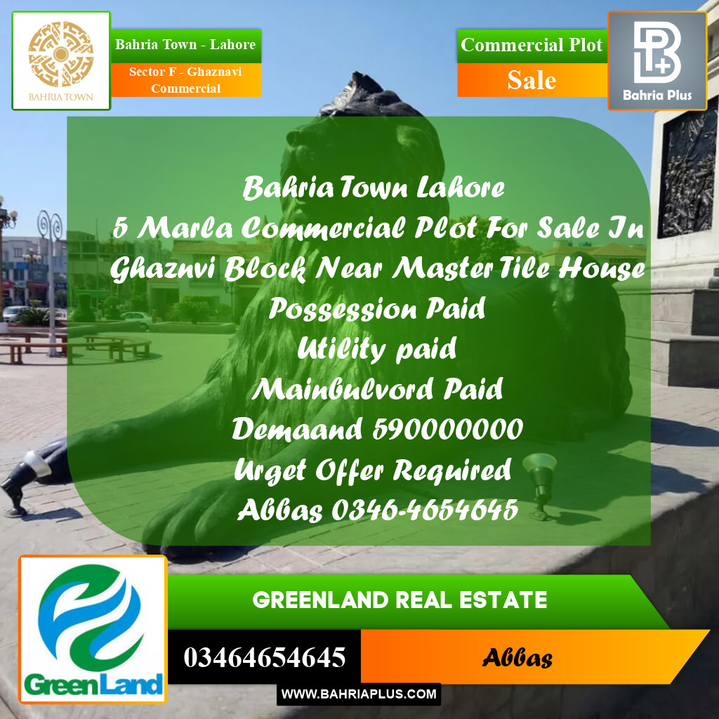 5 Marla Commercial Plot for Sale in Sector F - Ghaznavi Commercial -  Bahria Town, Lahore - (BP-303478)